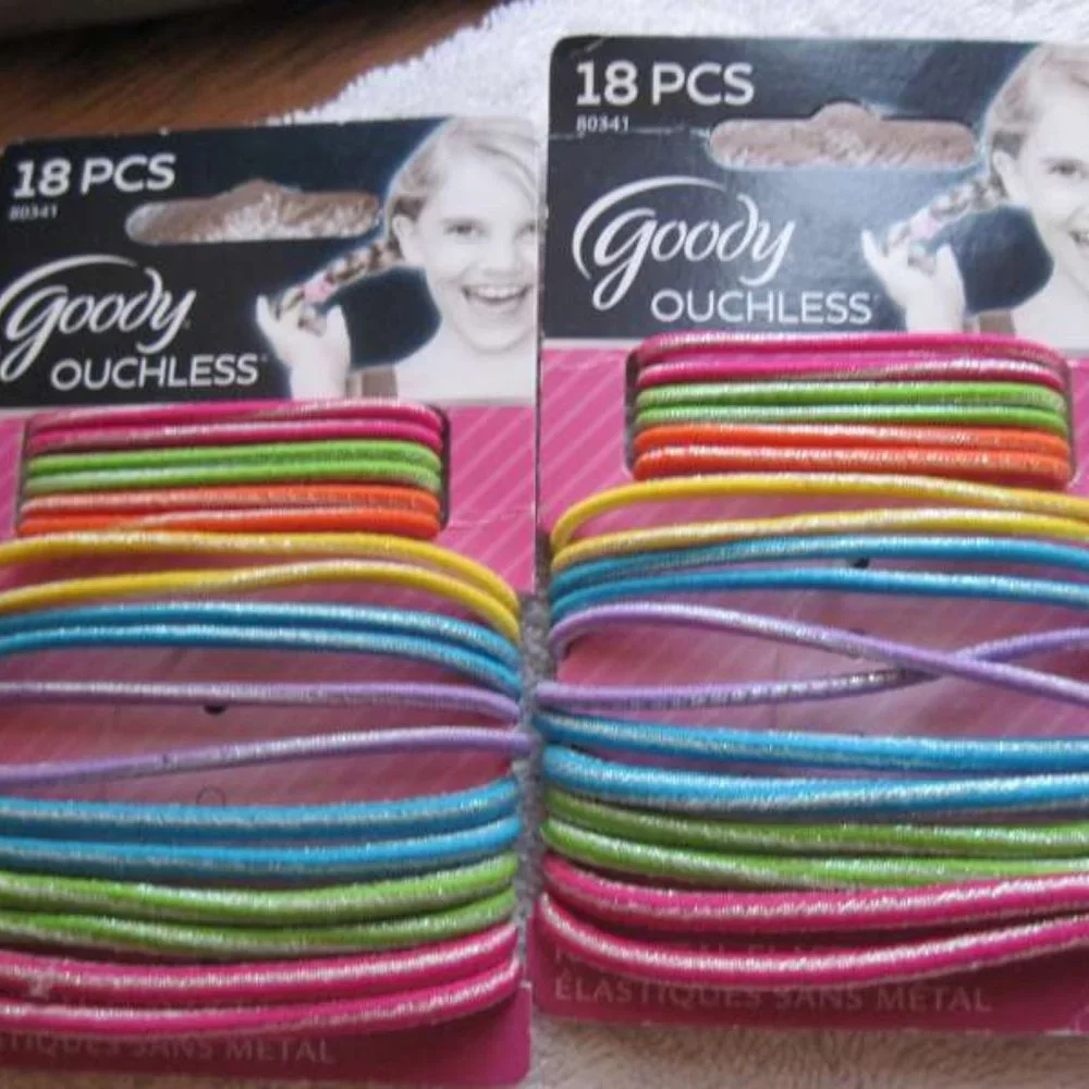 18 Goody Ouchless Ponytailer Hair Band No Metal Elastics 3 Sizes Tinsel Colorful